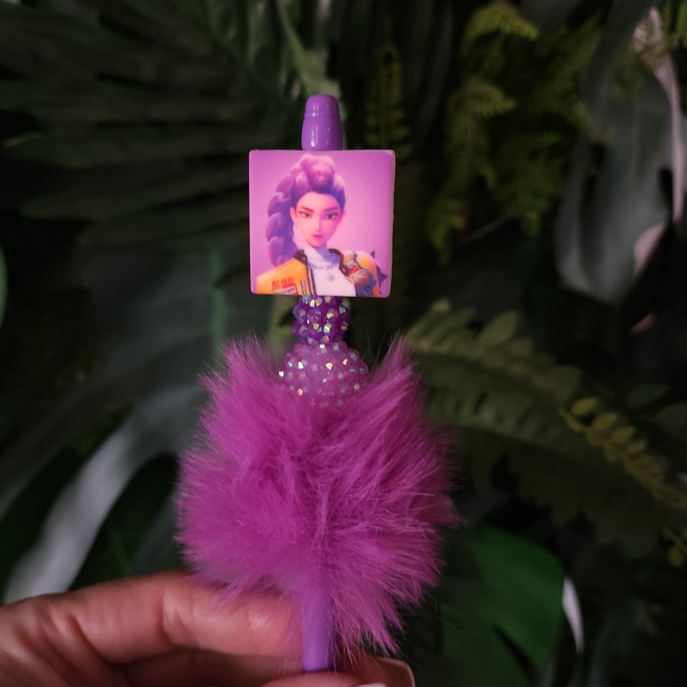 Purple Fluffy Pen with Character Design